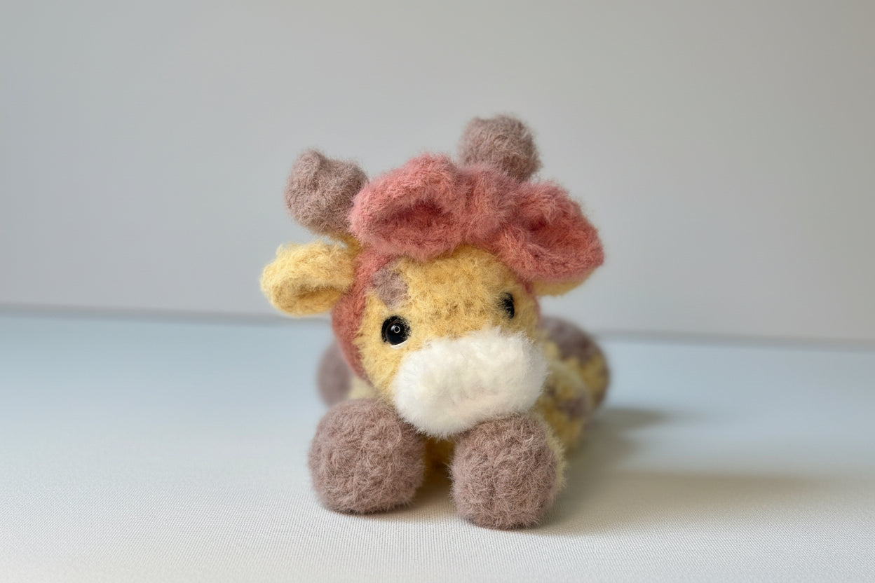 A handmade plush toy depicting a yellow giraffe with a pink bow on its head, lying down against a neutral background.